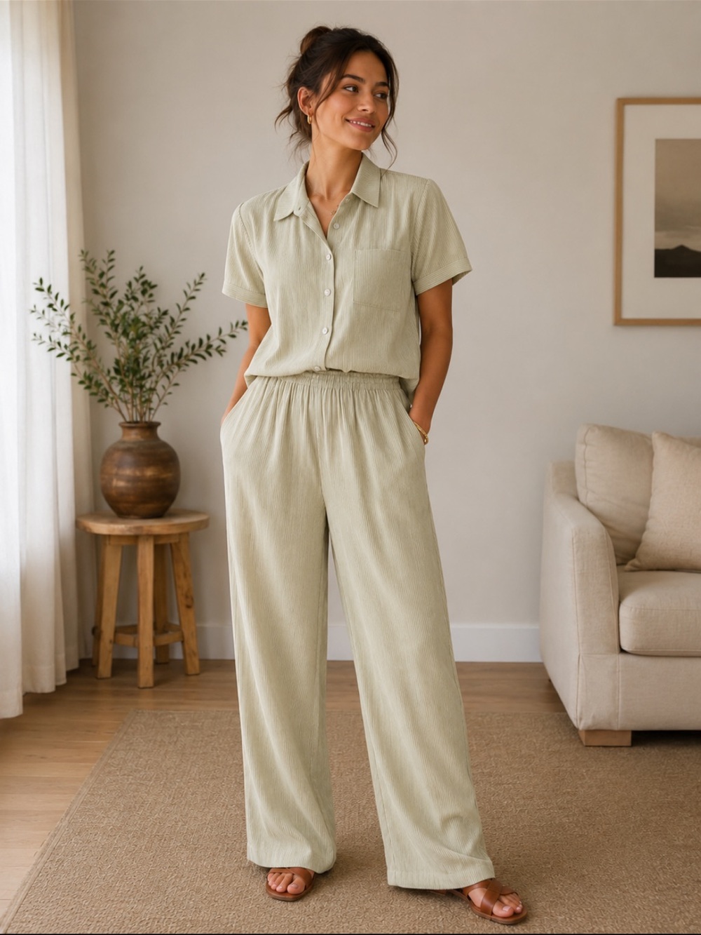 Matching light weight pant set in beige and white pin stripe, size medium